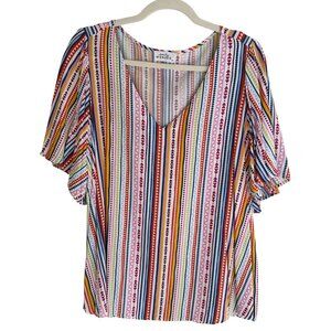 NWOT Emily Wonder Boho Multicolor Stripe Flutter Sleeve Top - Size 1X